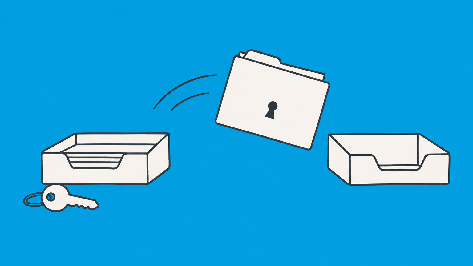 Flat illustration of a contract folder moving between document trays with an attached key representing assignment of contract rights and continuing obligations.