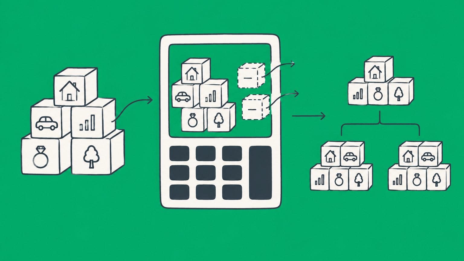 Flat illustration of asset cubes minus debt cubes becoming ownership blocks to represent the equity formula.