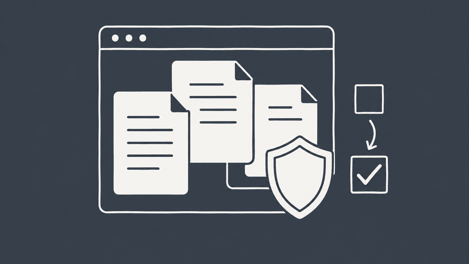 Flat illustration of interlocking document tiles, a shield, and a checked box representing a terms of service agreement.