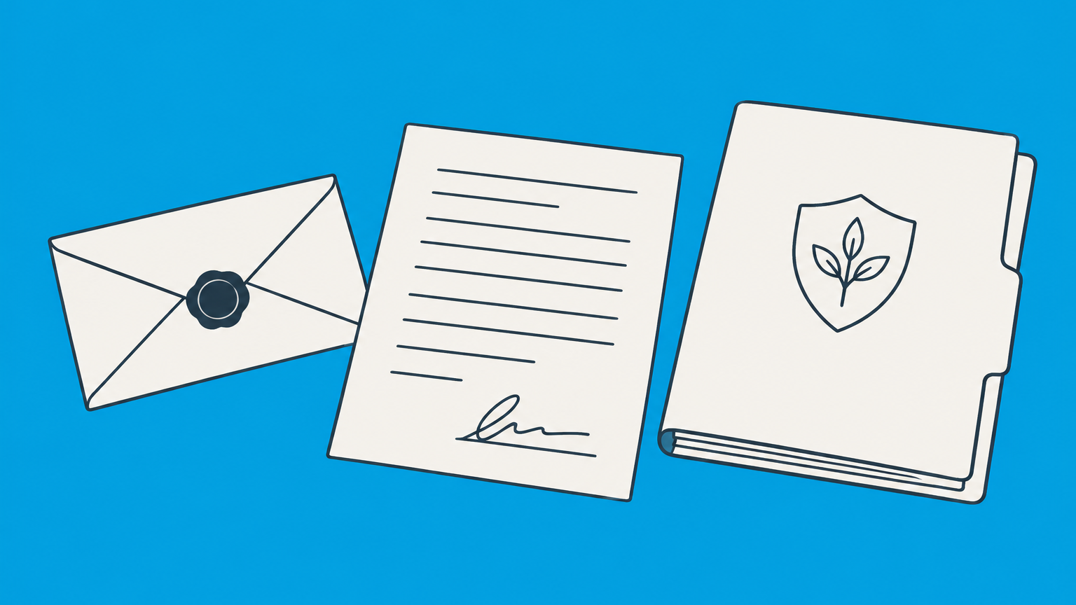 Flat illustration of a sealed envelope set aside beside a signed document and estate folder representing a waiver of notice.