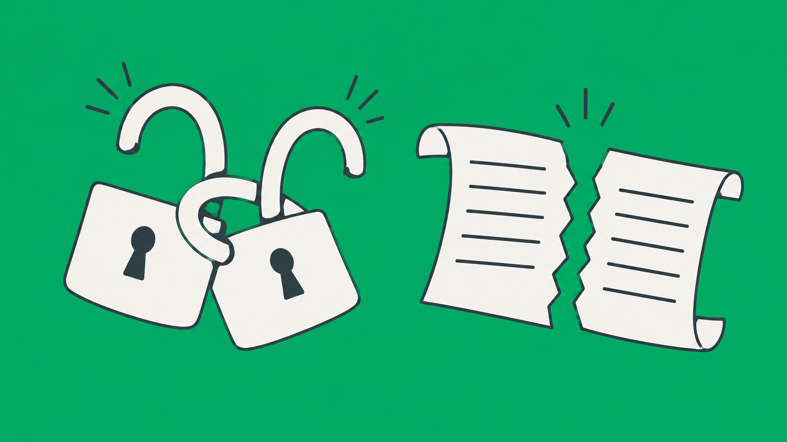 Flat illustration of two interlocked padlocks opening beside a separated contract ribbon to represent a mutual release agreement.
