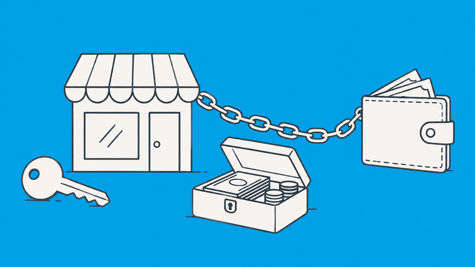 Flat illustration of a storefront key and cash box connected to a personal wallet, representing the advantages and disadvantages of sole proprietorship.