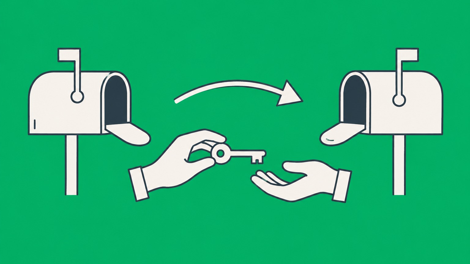 Flat illustration of two office mailboxes and a transferred key representing a Form 8822-B business address or responsible party change.