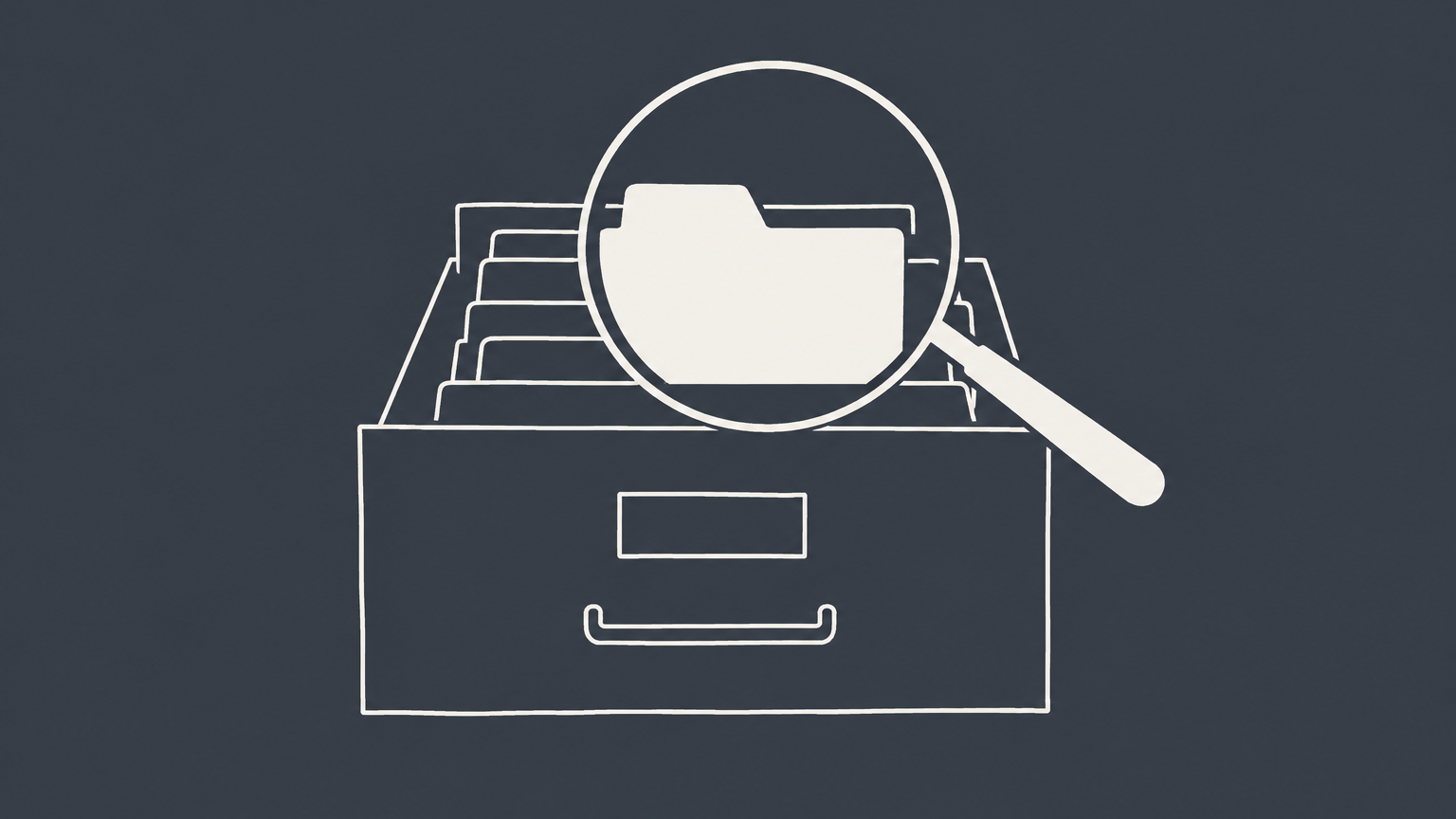 Flat illustration of a magnifying glass over a highlighted company folder in a filing cabinet, representing a Wisconsin business entity search.