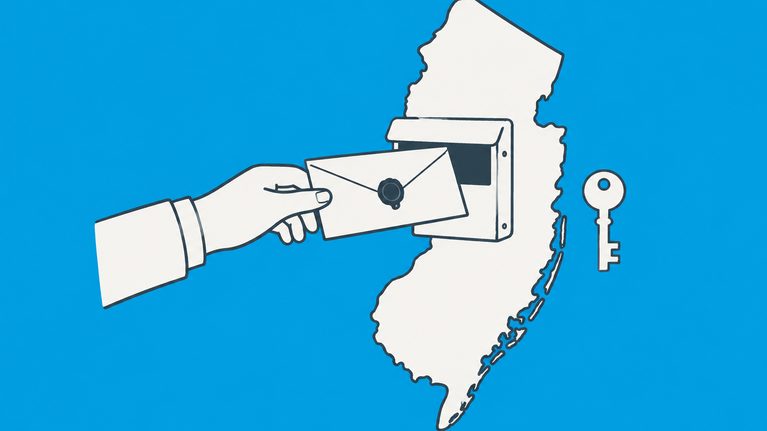 Flat illustration of a sealed document entering a mailbox anchored to New Jersey, representing service as your own New Jersey LLC registered agent.