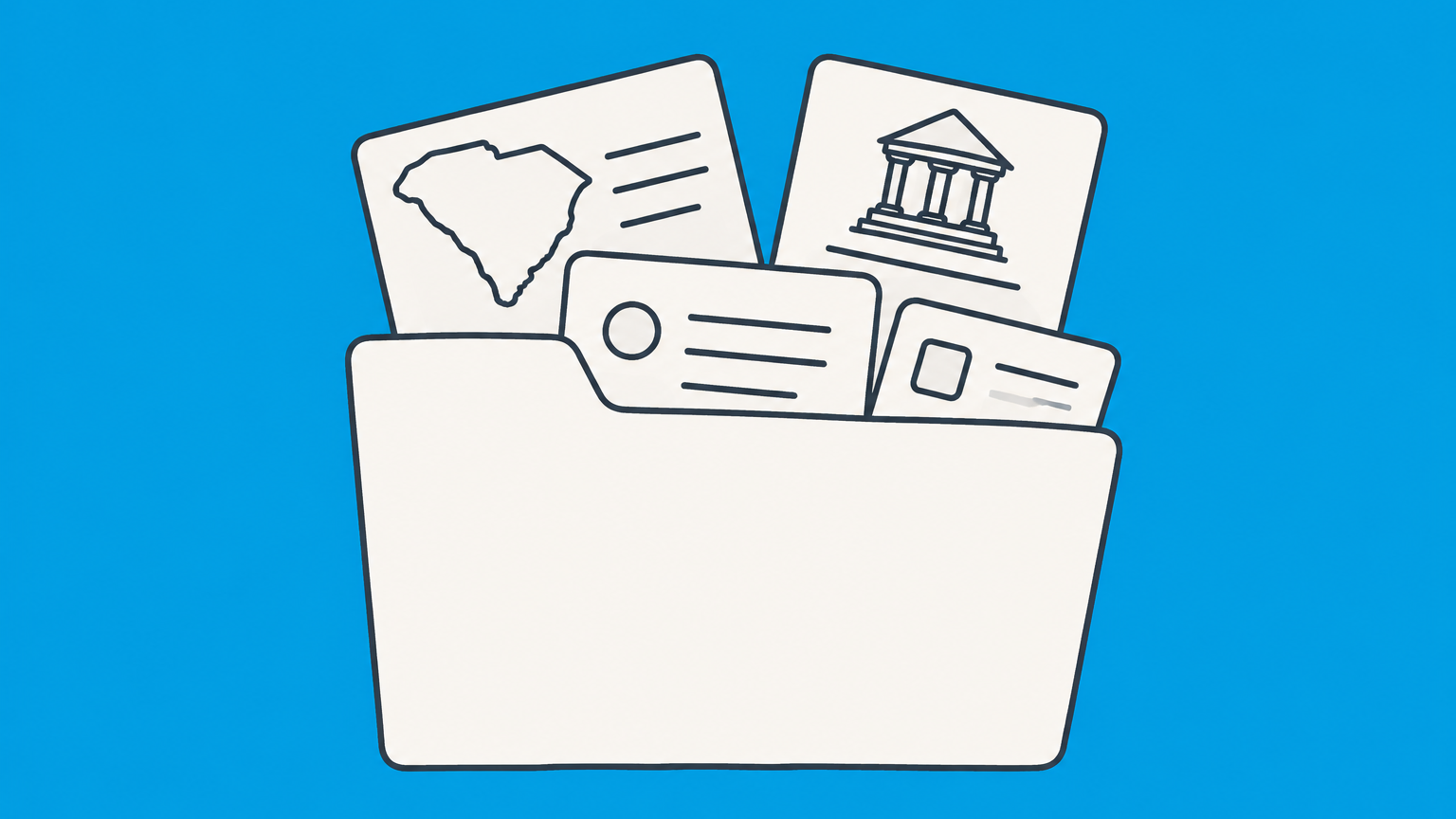 Flat illustration of identification cards being sorted into a South Carolina folder to distinguish a South Carolina tax ID number from a federal EIN and other business account numbers.