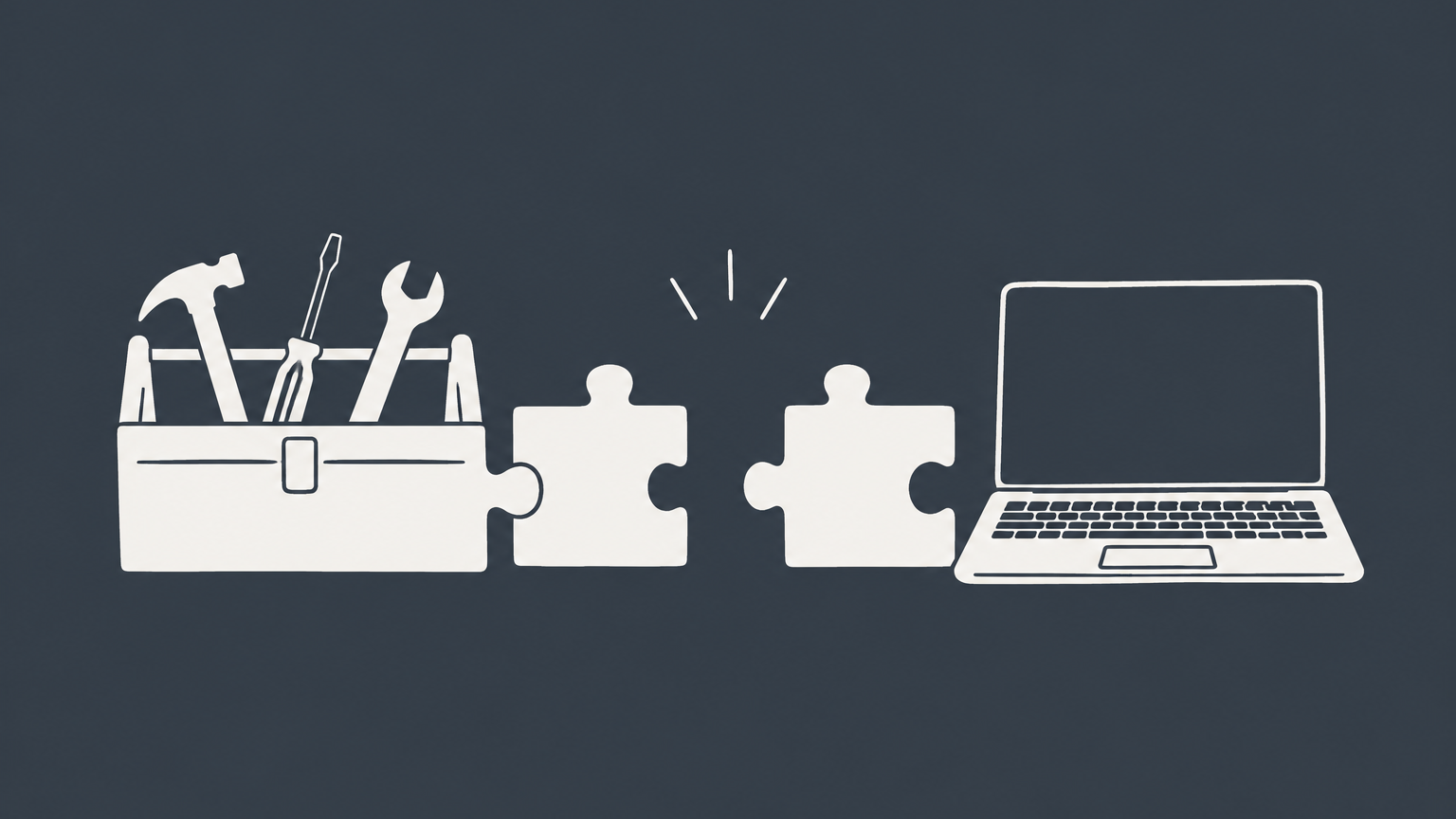 Flat illustration of a toolbox and laptop connected to an unfinished project by puzzle pieces, representing contractor roles and work.