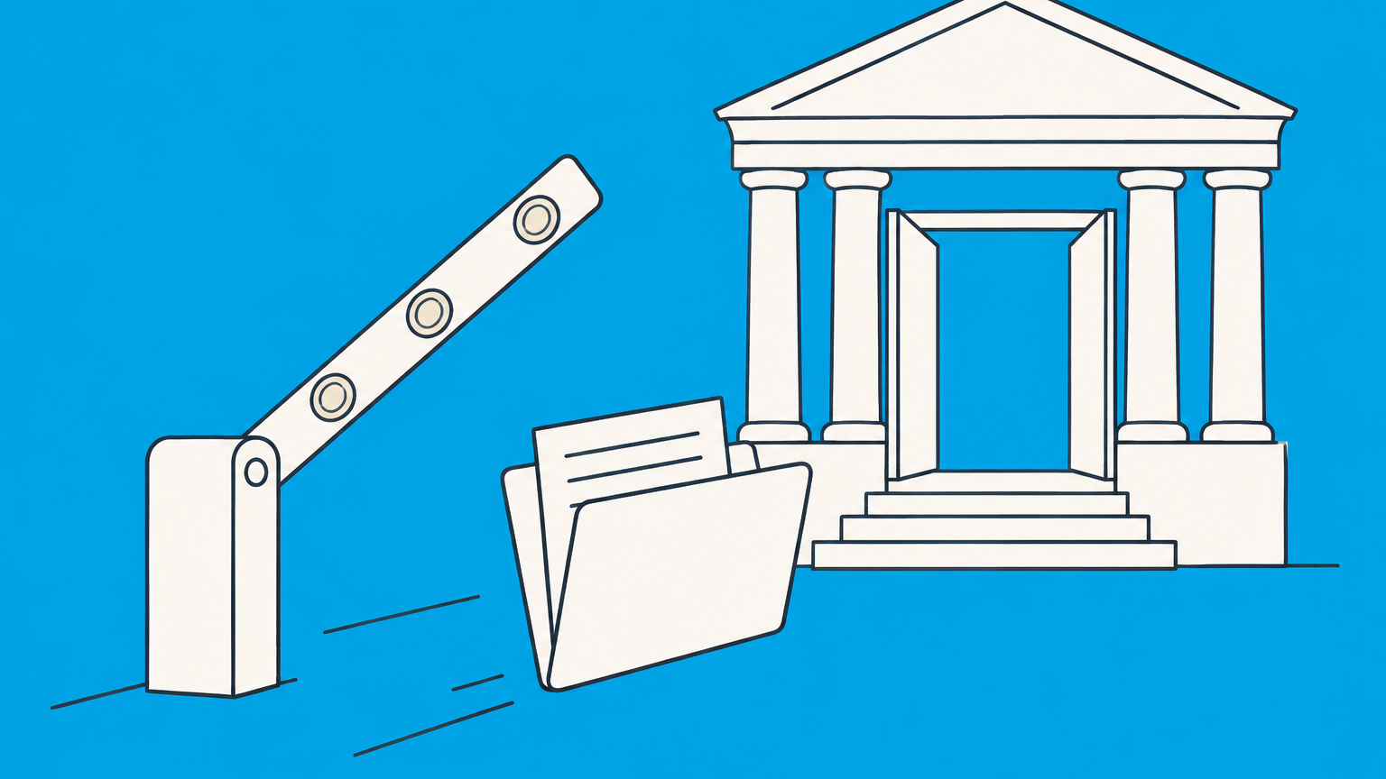 Flat illustration of a courthouse entrance with a raised coin barrier and case folder representing in forma pauperis court fee relief.
