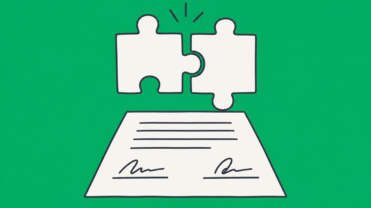 Flat illustration of two puzzle pieces joining above a contract to represent contracting parties entering an agreement.