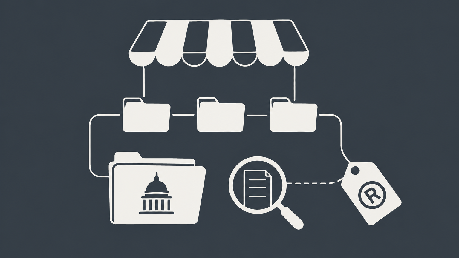 Flat illustration of a storefront name connected to filing, search, and trademark objects for registering a business name in Pennsylvania.
