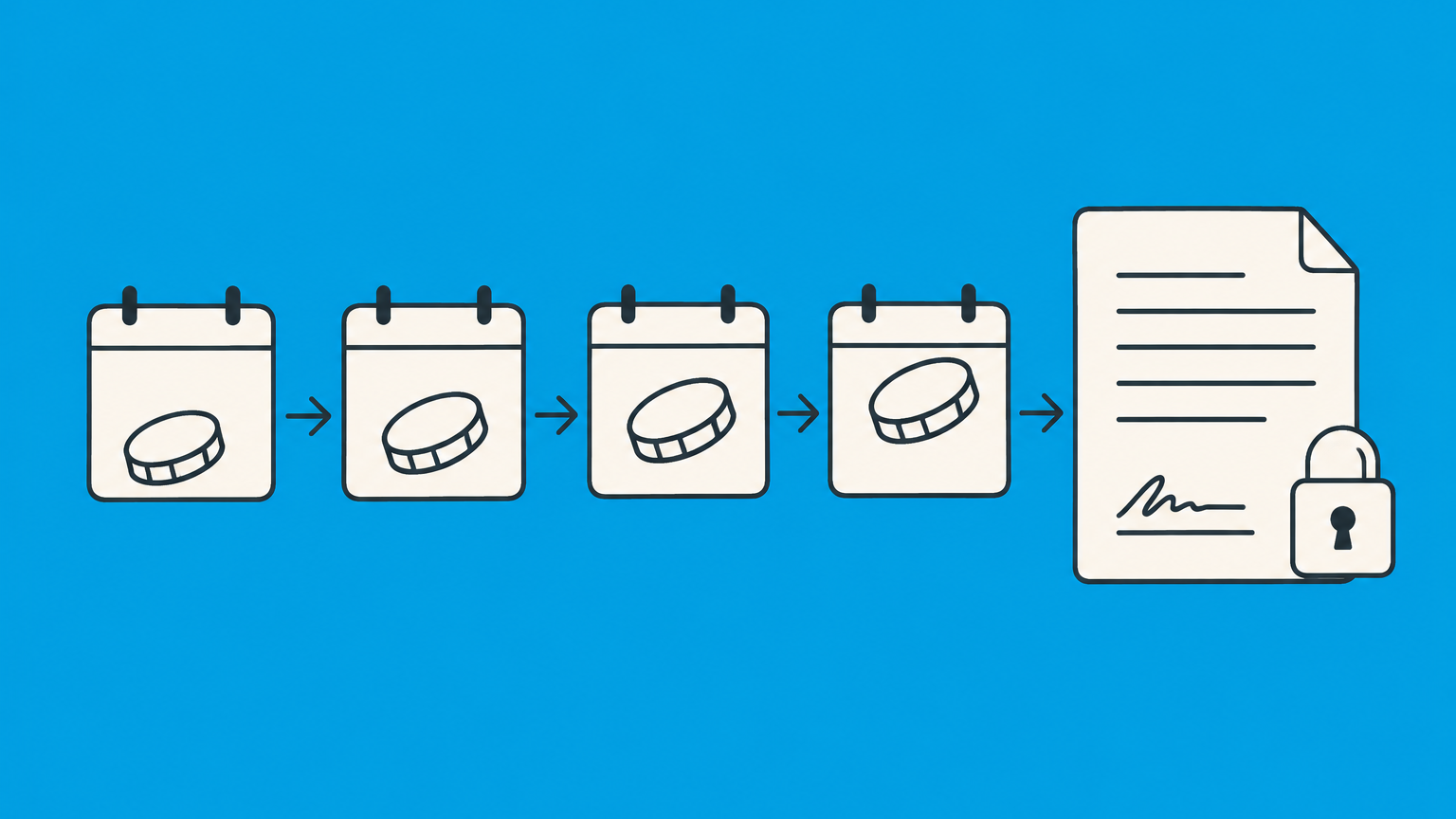 Flat illustration of coins crossing calendar tiles toward a secured document to represent a payment agreement contract.
