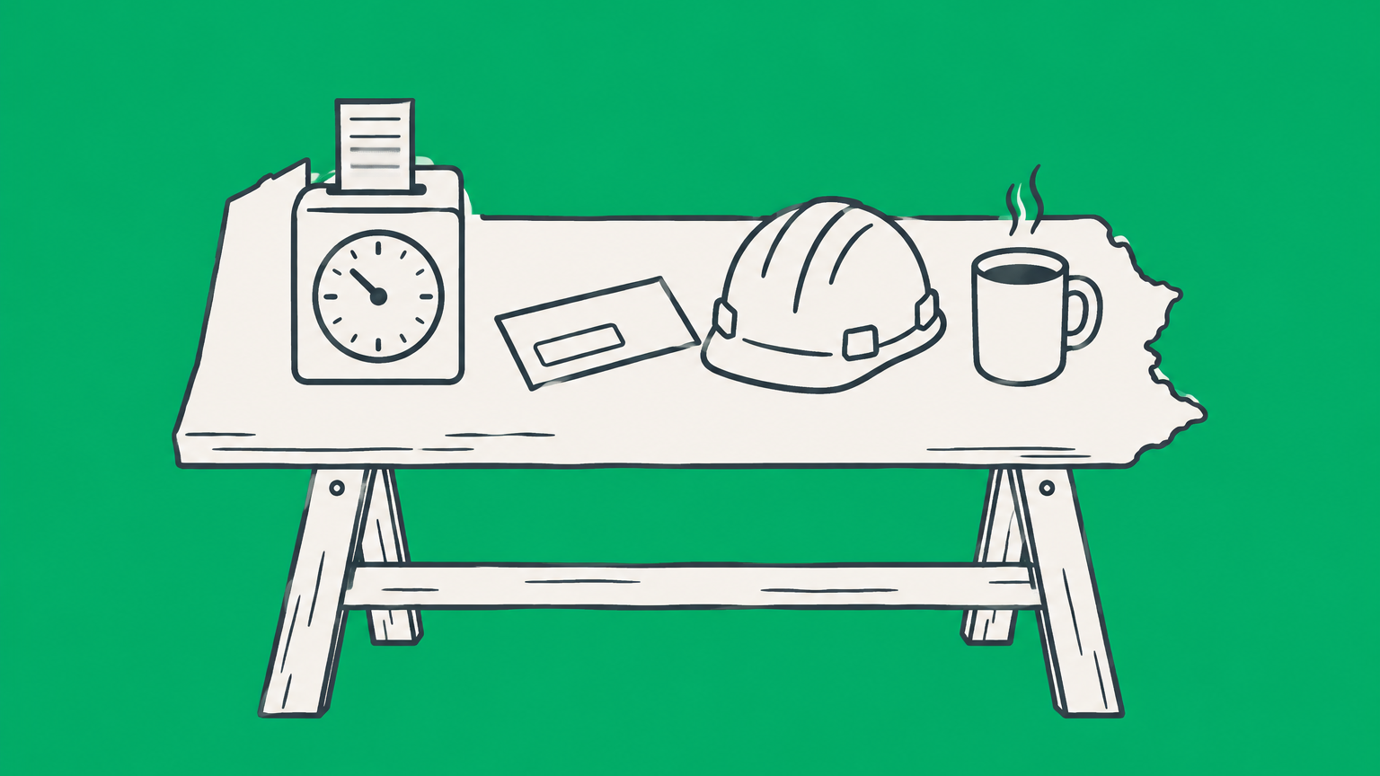 Flat illustration of a Pennsylvania-shaped workbench with a time clock, pay envelope, safety helmet, and coffee cup representing Pennsylvania labor laws.