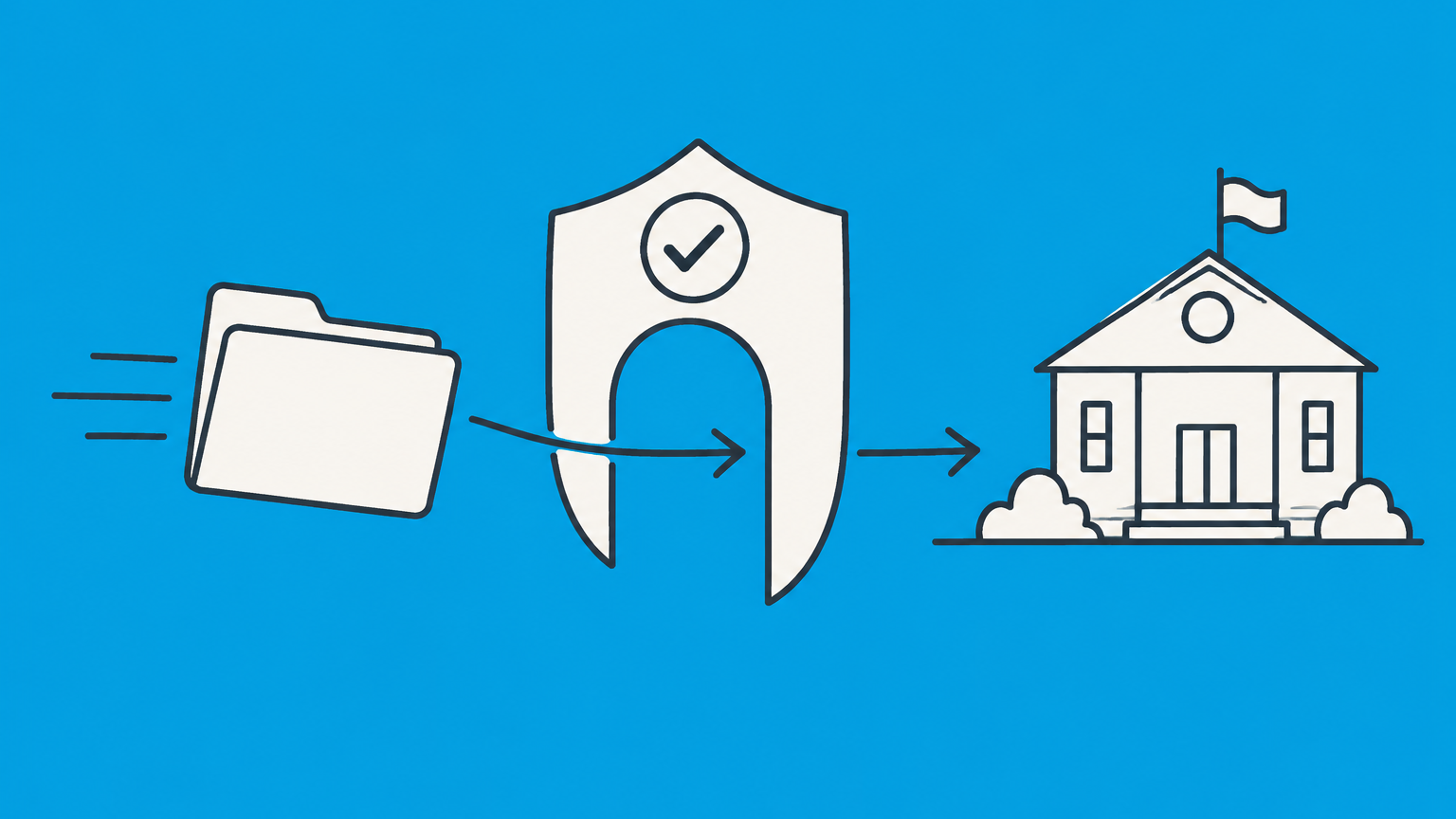Flat illustration of a document folder passing through an approval gate to represent obtaining 501(c)(3) tax-exempt status.