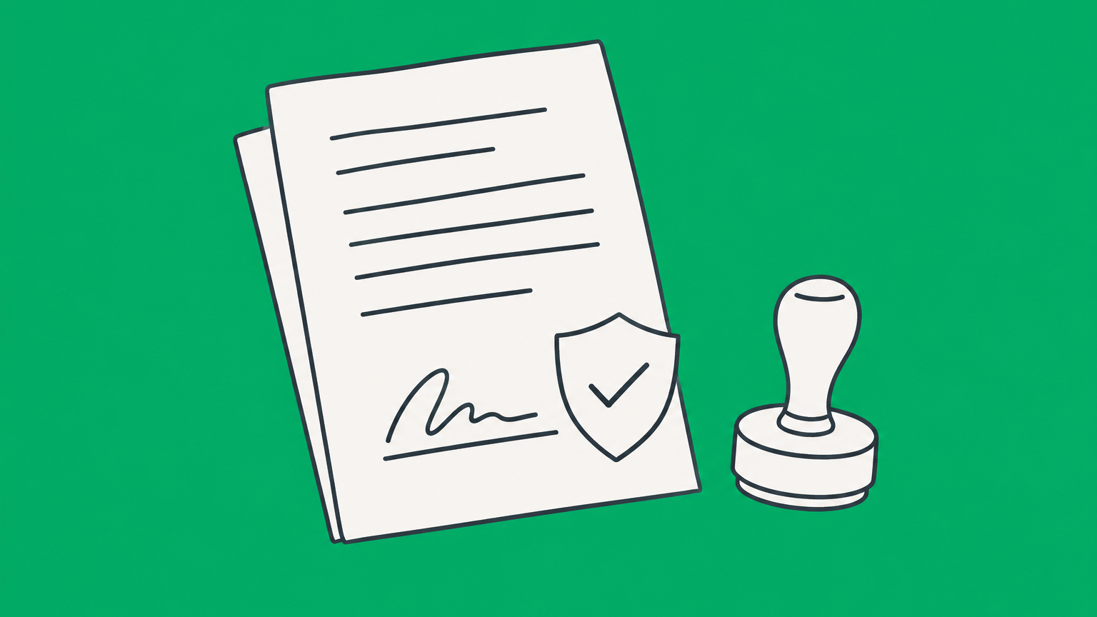 Flat illustration of a signed loan document, an optional notary stamp, and a protective shield representing promissory note notarization.