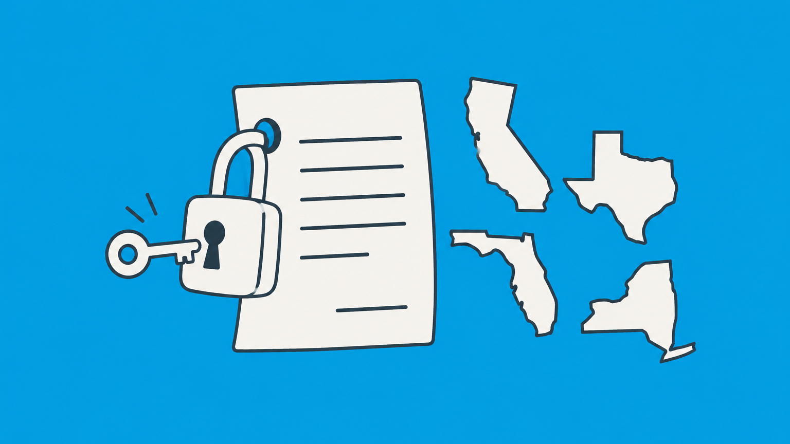 Flat illustration of a small key unlocking a contract beside state tiles, representing contract capacity for emancipated minors.