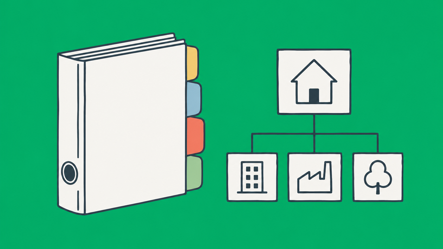 Flat illustration of a structured binder and connected ownership blocks representing an LLC operating agreement.