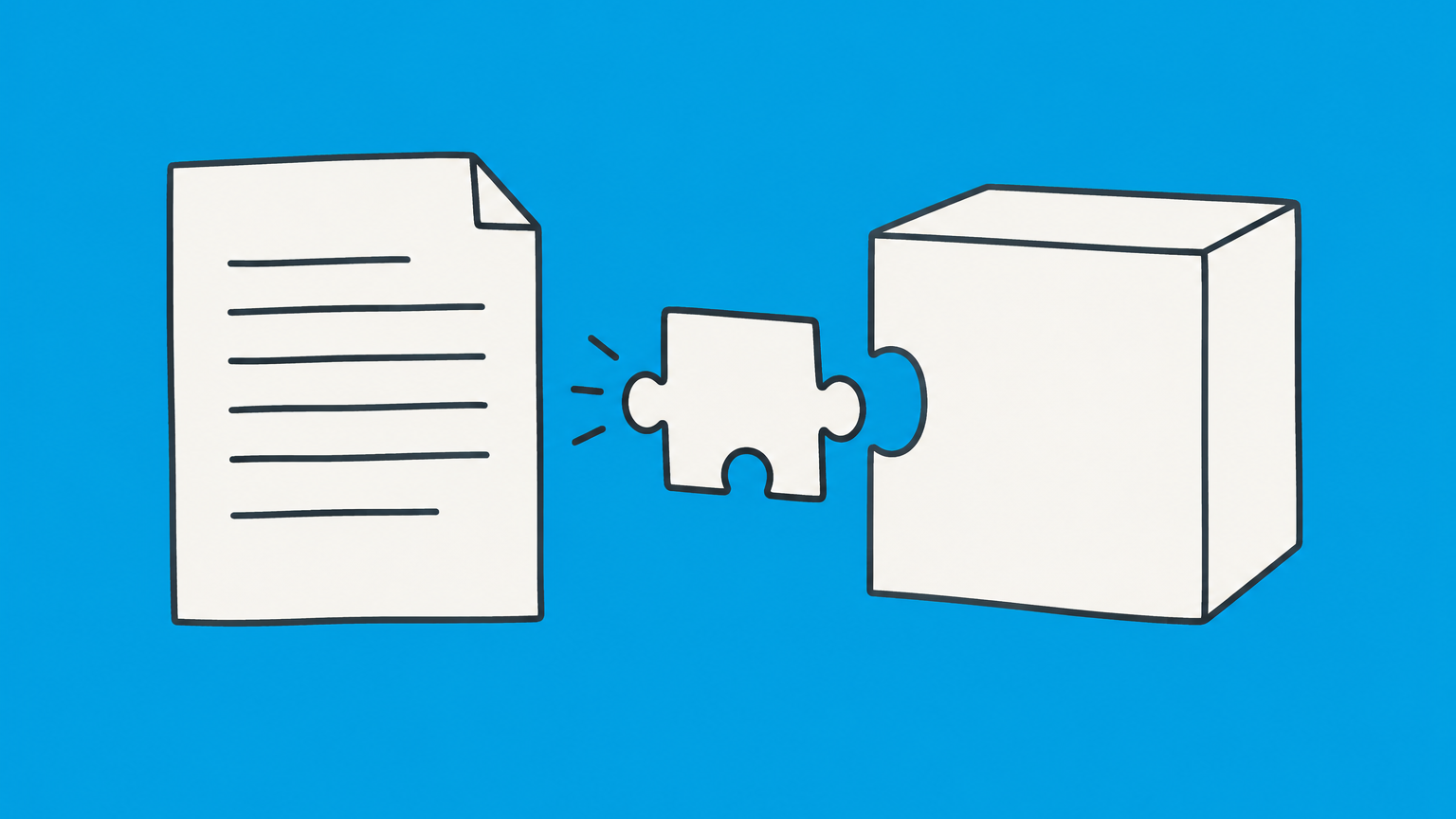 Flat illustration of a puzzle piece filling an unstated gap between a contract and a product box to represent an implied condition.