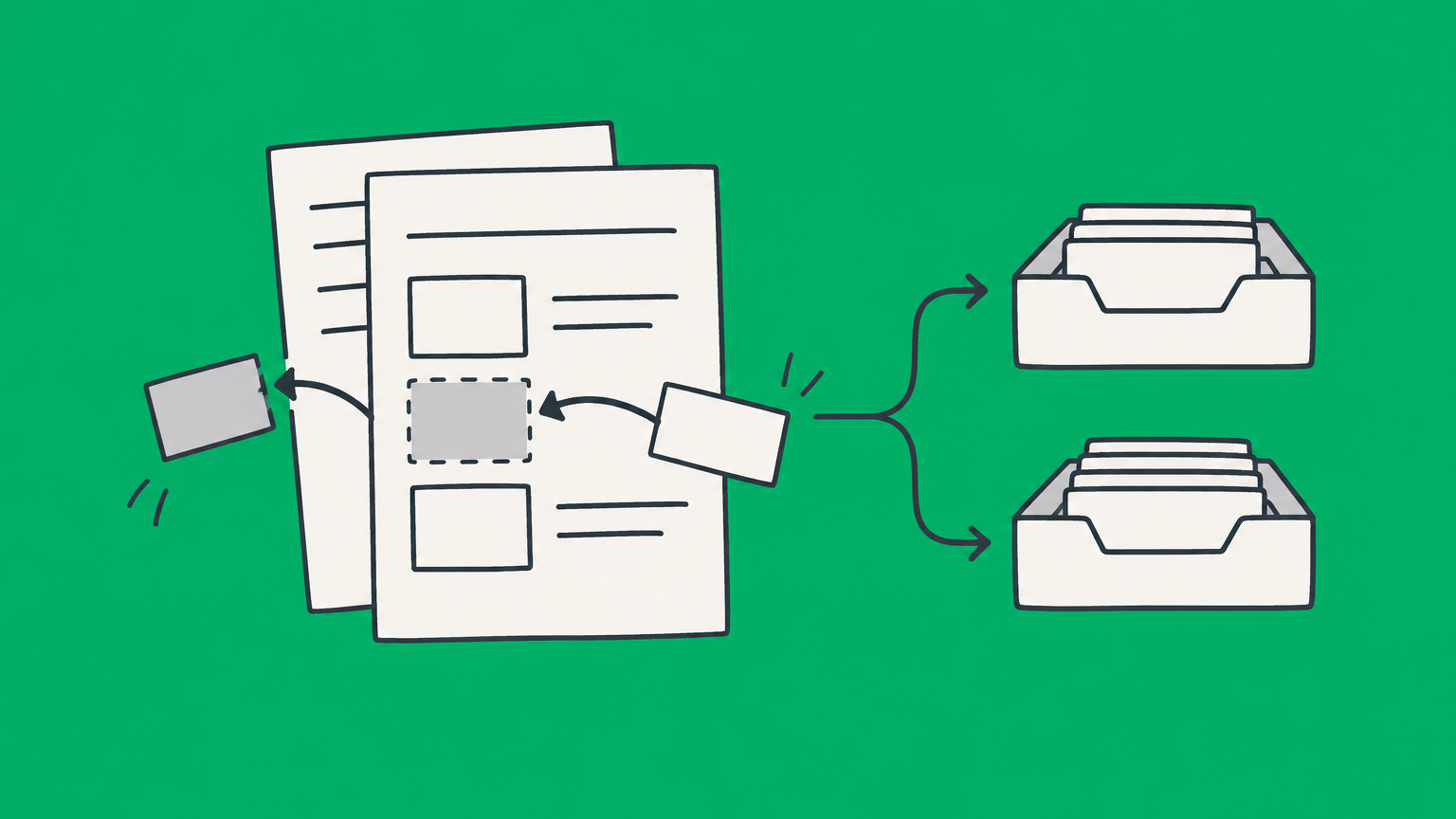 Flat illustration of a mismatched document tile being replaced and routed to two delivery trays to represent a W-2c wage and tax statement correction.