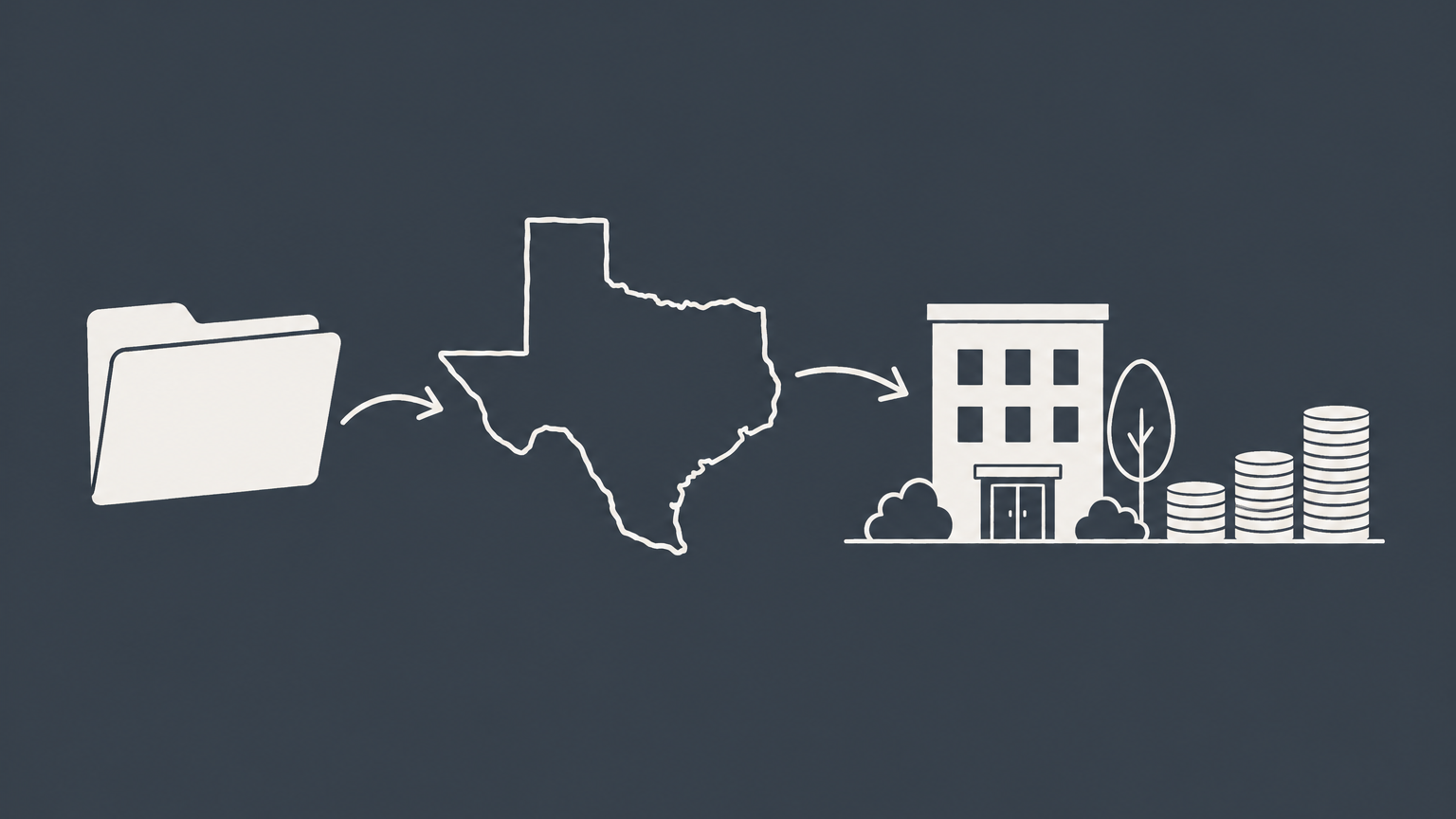 Flat illustration of a filing folder passing through a Texas outline beside an office building and coin stacks representing incorporation in Texas.