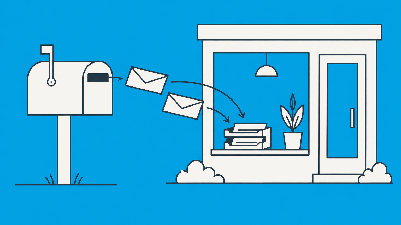 Flat illustration of a business mailbox receiving official envelopes and routing them to a document tray to represent a statutory agent.