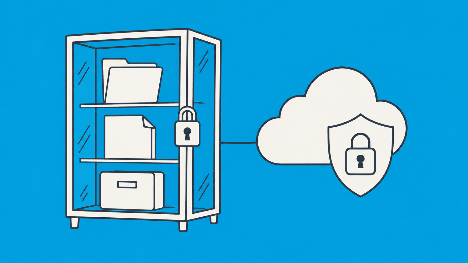 Flat illustration of a locked cabinet with categorized folders and a shielded cloud drive representing confidentiality in business.