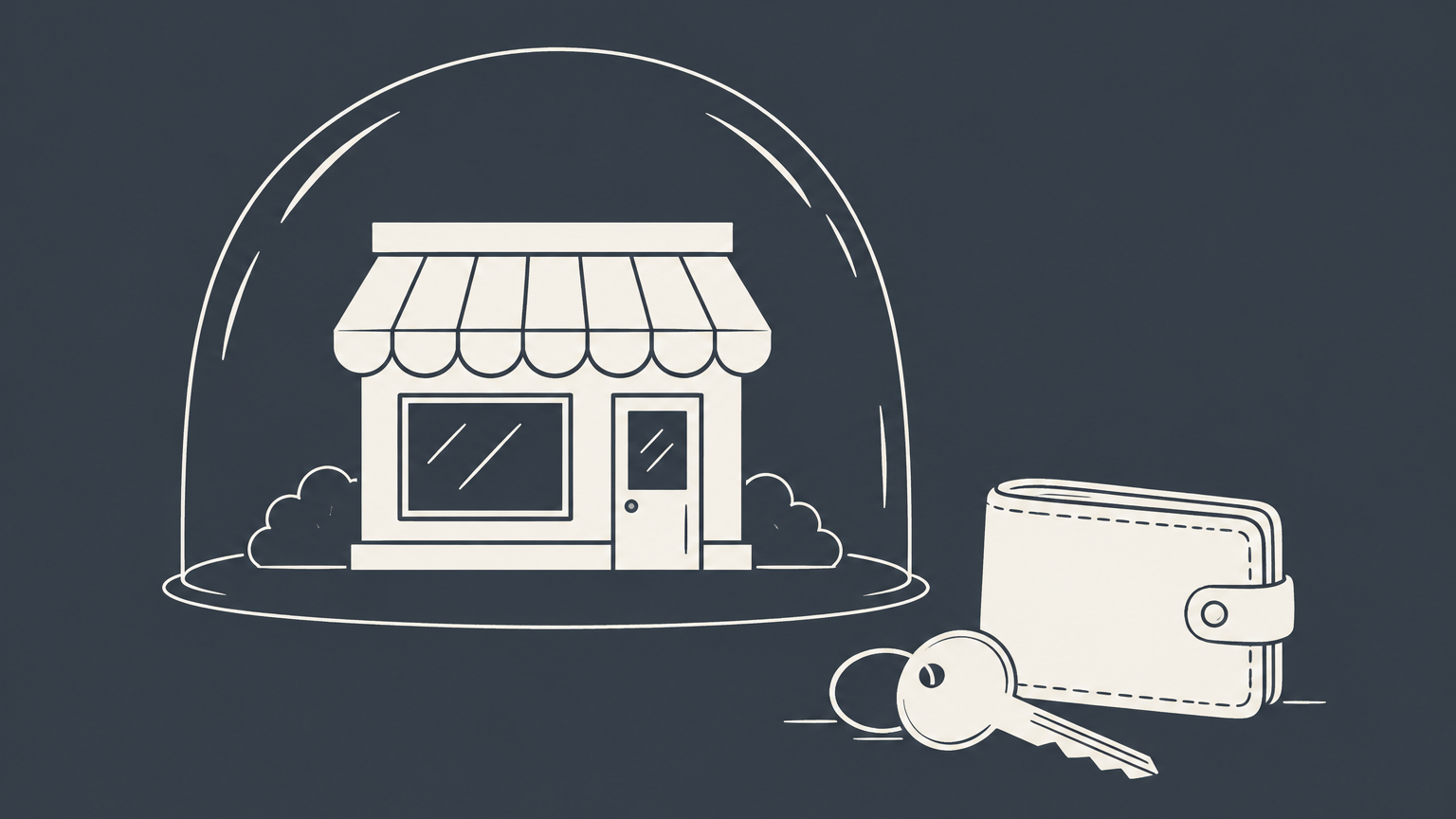 Flat illustration of a storefront inside a protective shell with personal belongings outside, representing what LLC means in business.