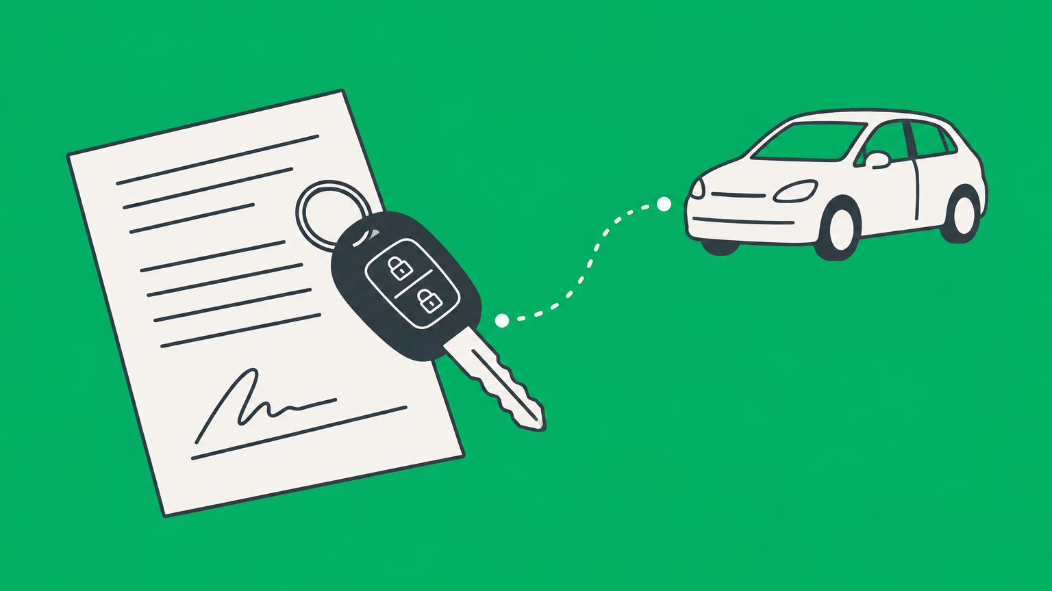 Flat illustration of a car key linking a payment document to a vehicle to represent a car note and vehicle promissory note.