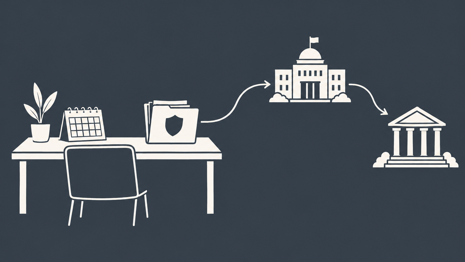 Flat illustration of an incident folder and calendar on an office desk with a path to a government office and courthouse, representing grounds for a workplace harassment lawsuit.