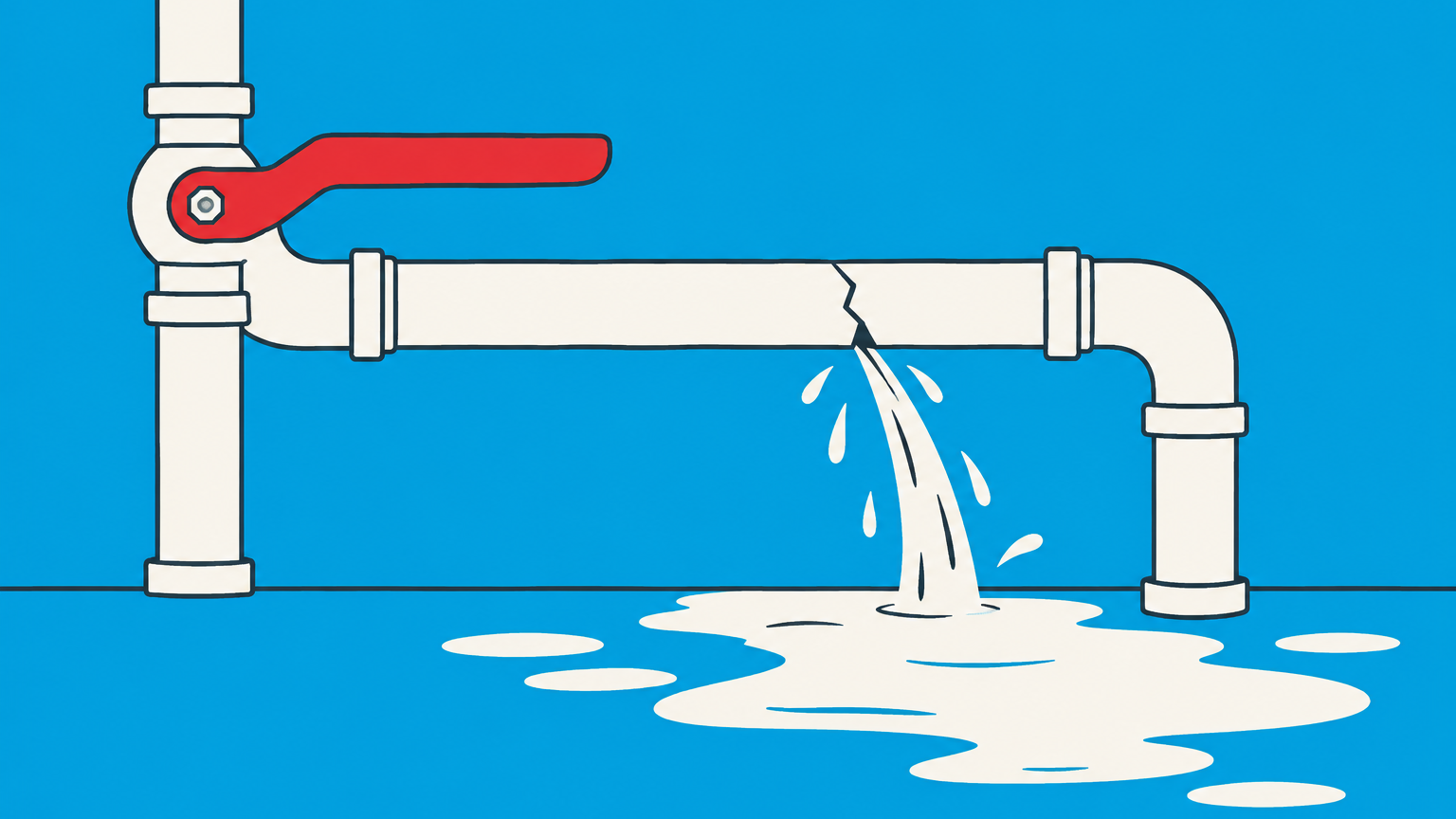 Flat illustration of an untouched emergency shutoff lever beside a leaking pipe representing failure to act.