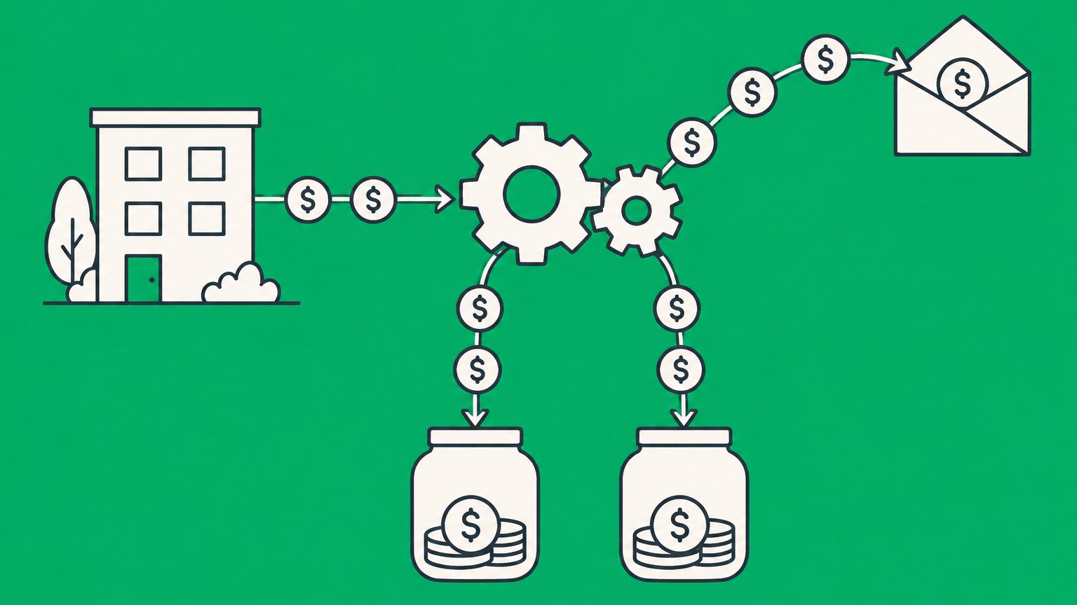 Flat illustration of a small office routing wages through payroll gears and distributions to a shareholder envelope to represent S corp owner unemployment tax.