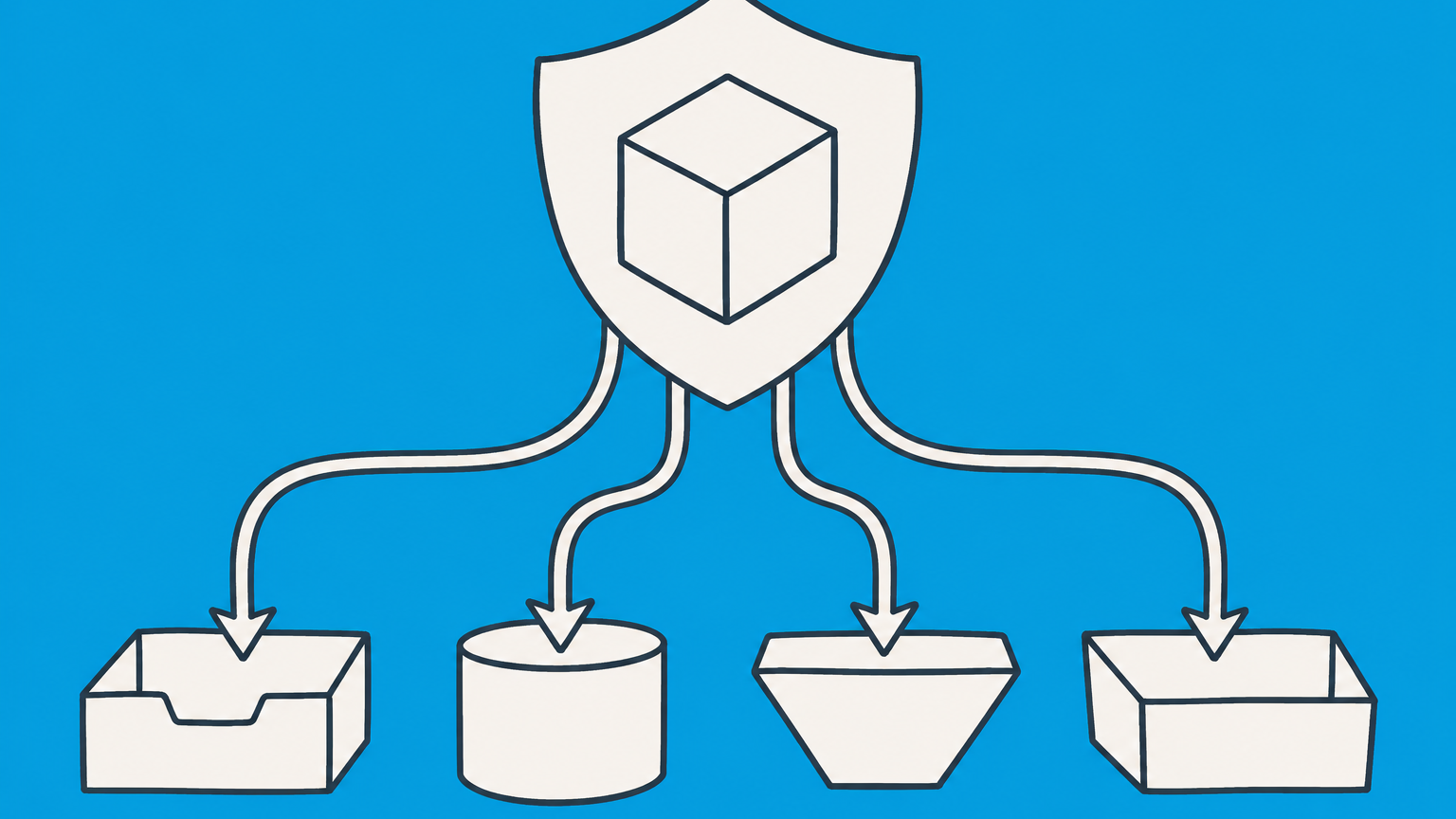 Flat illustration of a shield-shaped container routing an LLC block into different legal and tax classification trays.