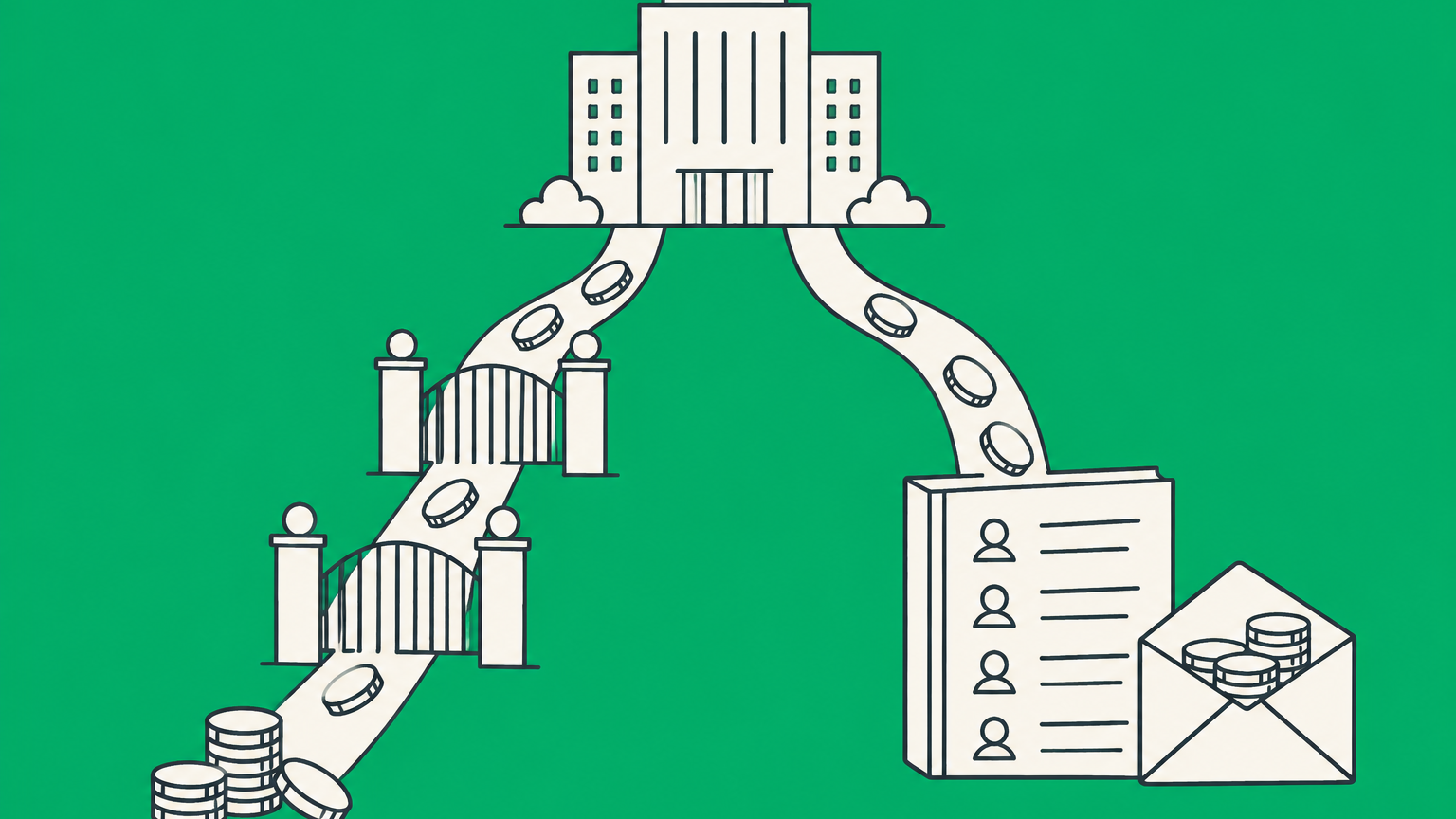 Flat illustration of two coin channels and a payroll envelope representing S corp dividends versus distributions.