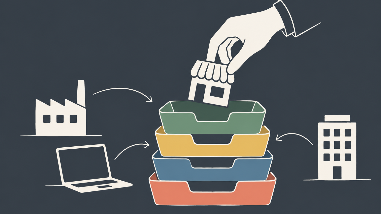 Flat illustration of a storefront being sorted into nested trays representing business categories, industries, and legal structures.