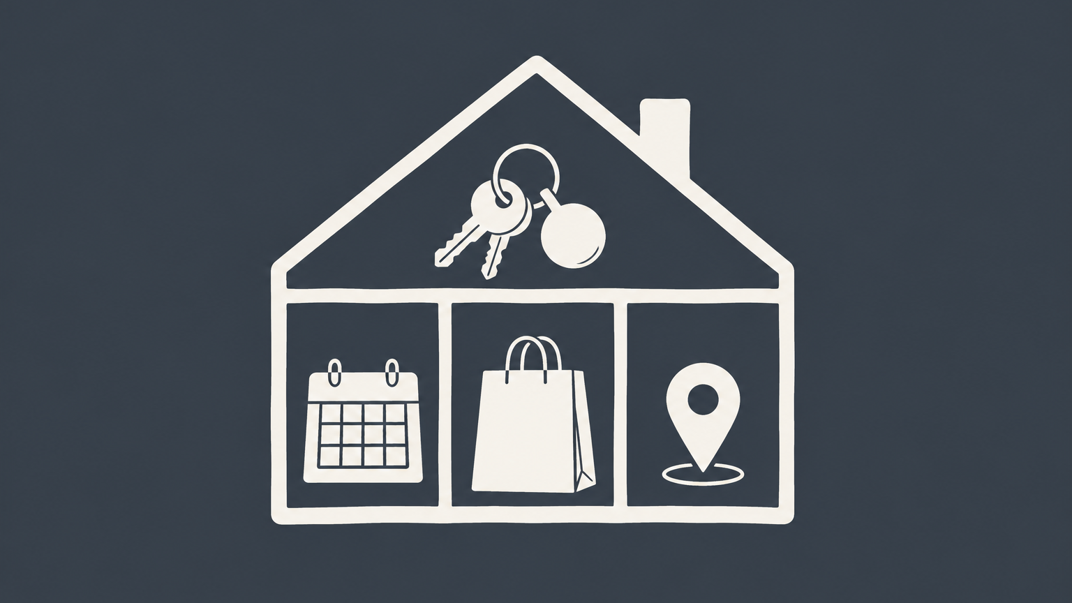 Flat illustration of a house-shaped organizer holding keys, a calendar, a shopping bag, and a route pin to represent a home concierge business.