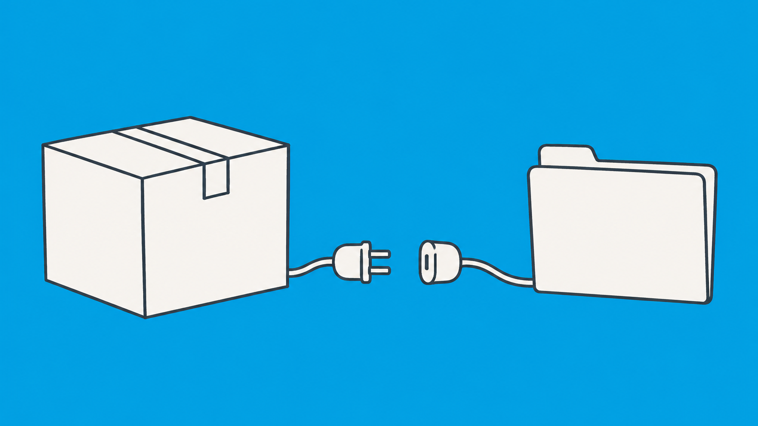 Flat illustration of an unopened business box, disconnected plug, and closed filing folder representing dissolution of an LLC that was never used.
