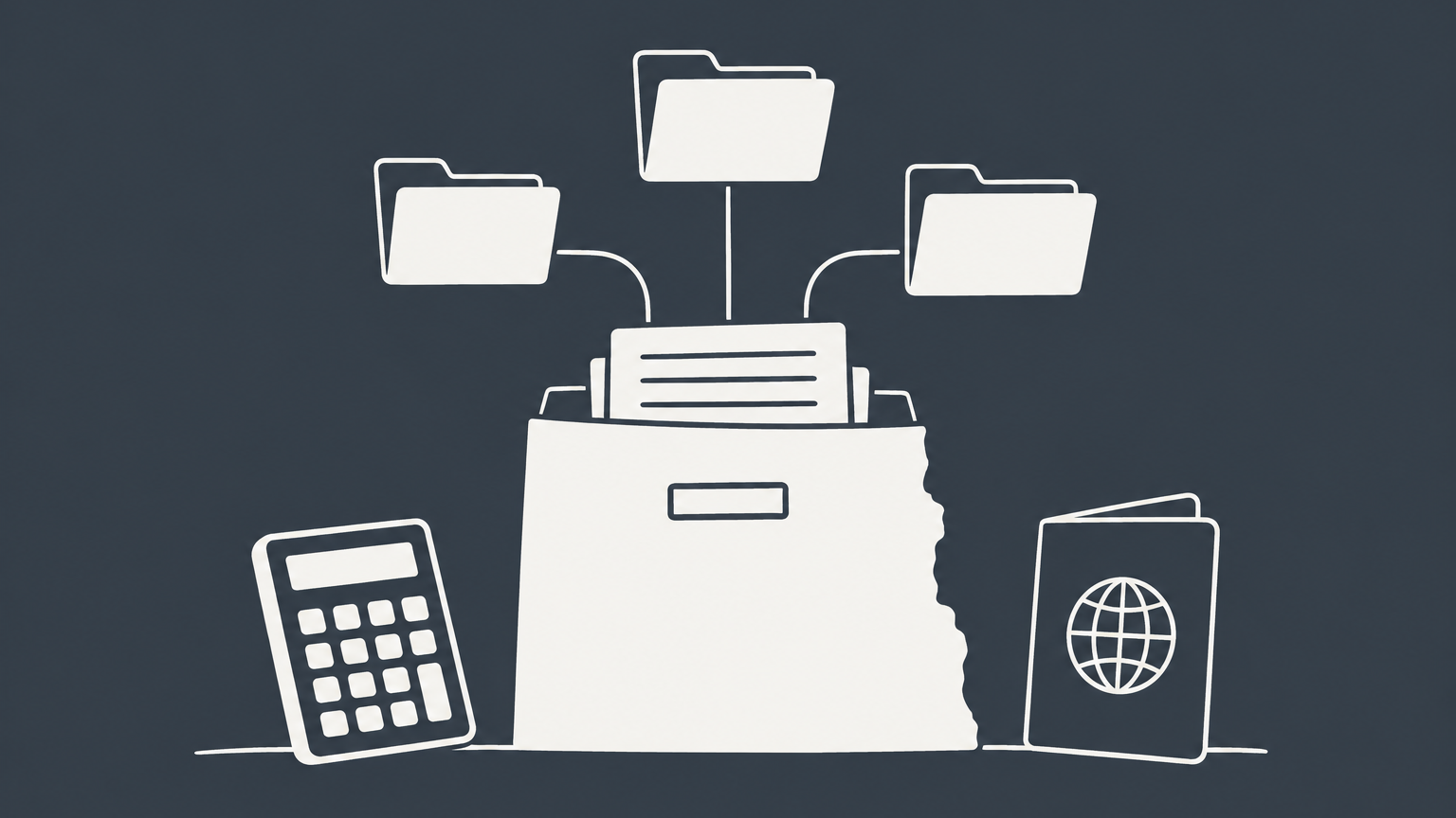 Flat illustration of a Wyoming-shaped filing box with document folders, a calculator, and a passport representing Wyoming LLC taxes and filing requirements.