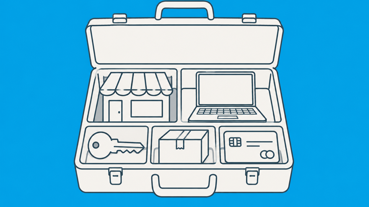 Flat illustration of a modular toolbox holding business and asset objects that represent practical things you can do with an LLC.