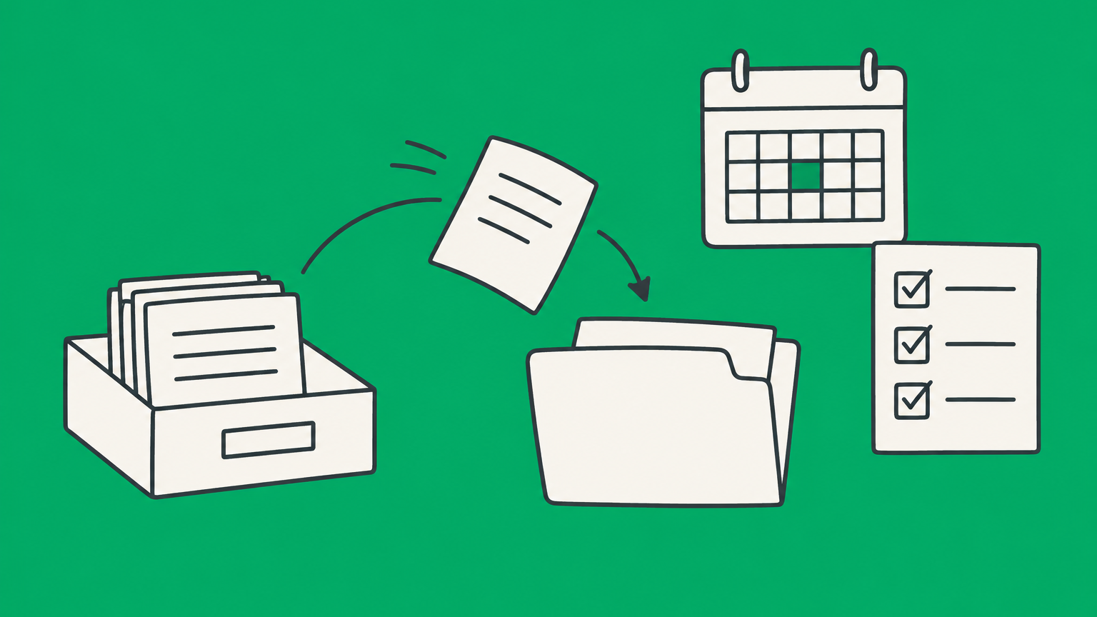 Flat illustration of an unmarked notice moving between office trays beside a calendar and checklist, representing the FMLA Form WH-381 process.