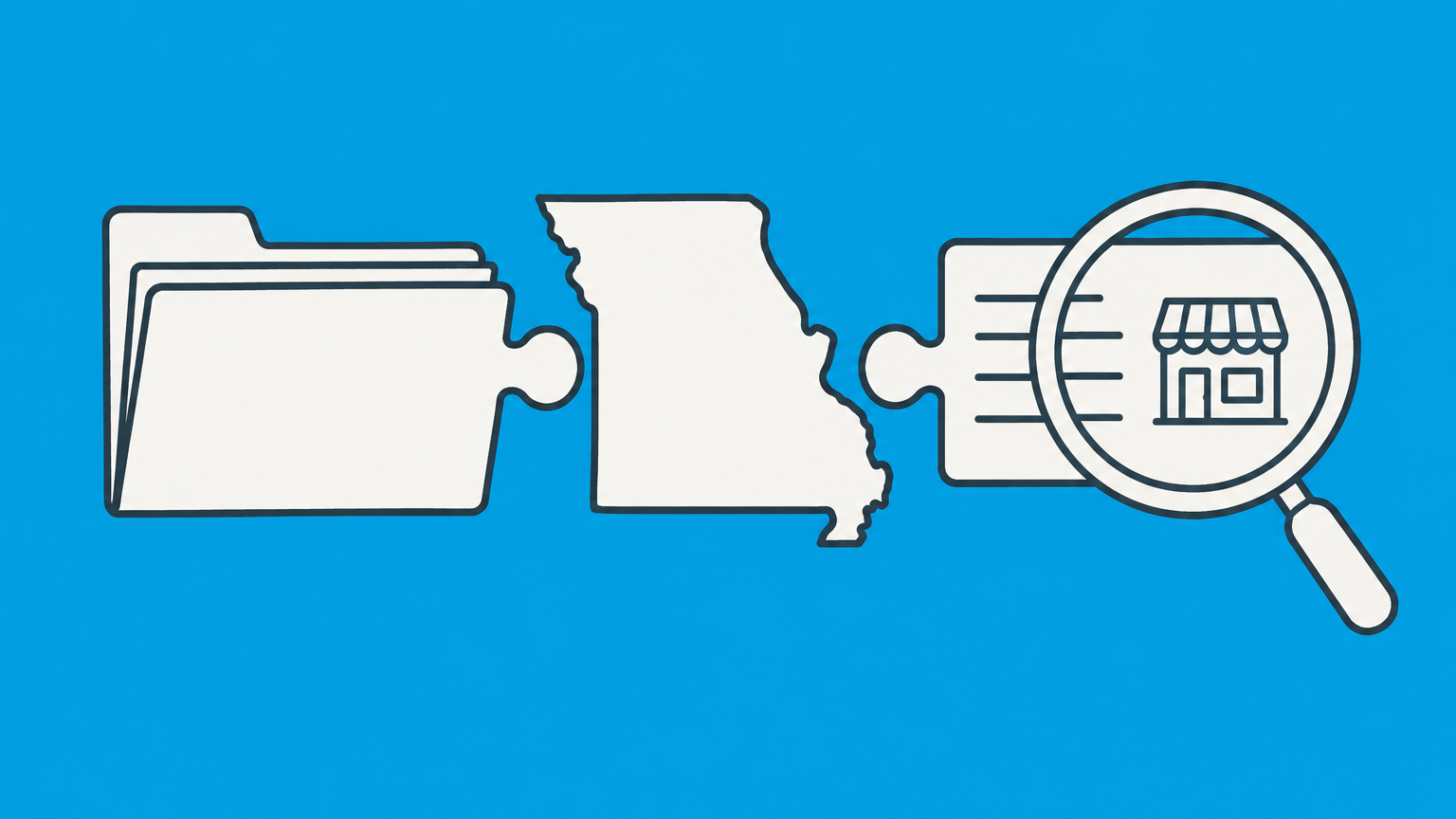Flat illustration of a Missouri-shaped puzzle piece linking a filing folder and magnifying glass for Missouri LLC formation and entity search.