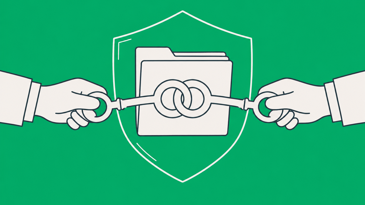 Flat illustration of a shielded document folder secured by two interlocking keys representing a confidentiality agreement.