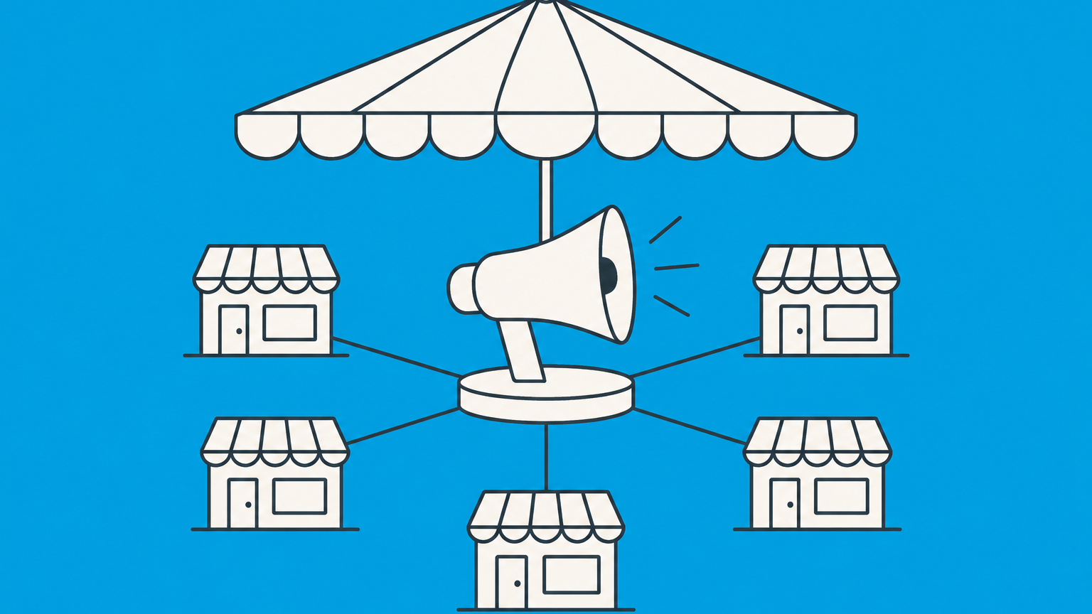 Flat illustration of connected storefronts surrounding a shared megaphone under a canopy to represent a business association.