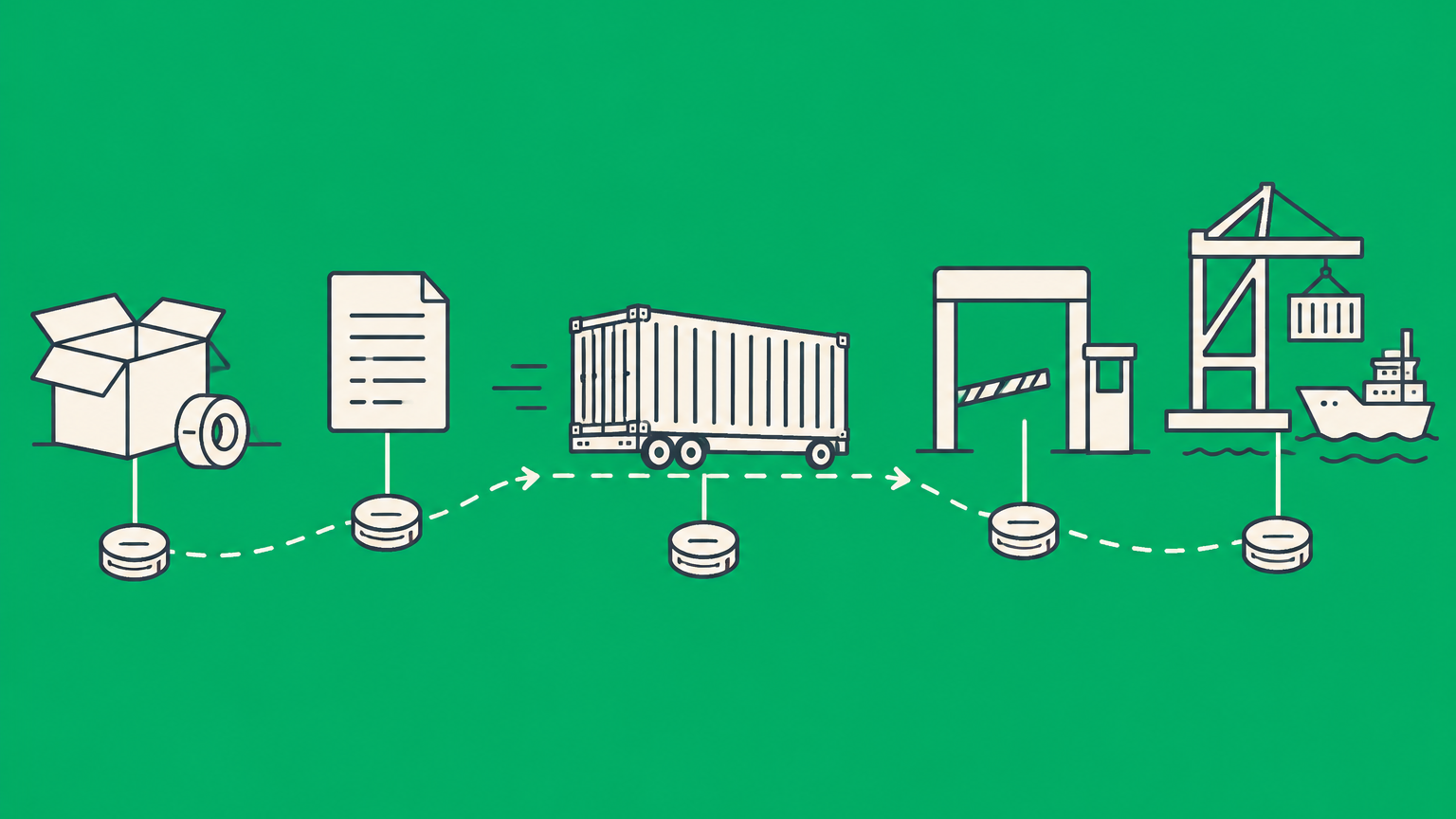 Flat illustration of a shipping container passing through packing, documentation, customs, and port checkpoints to represent forwarding charges.