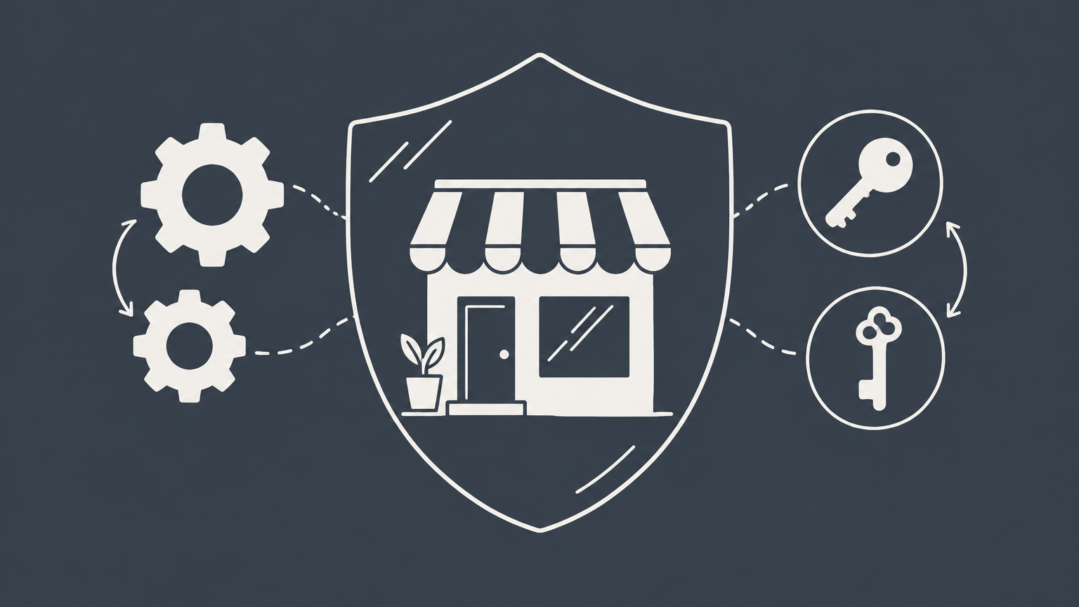 Flat illustration of a shielded storefront with interchangeable gears and keys representing the characteristics of a limited liability company.