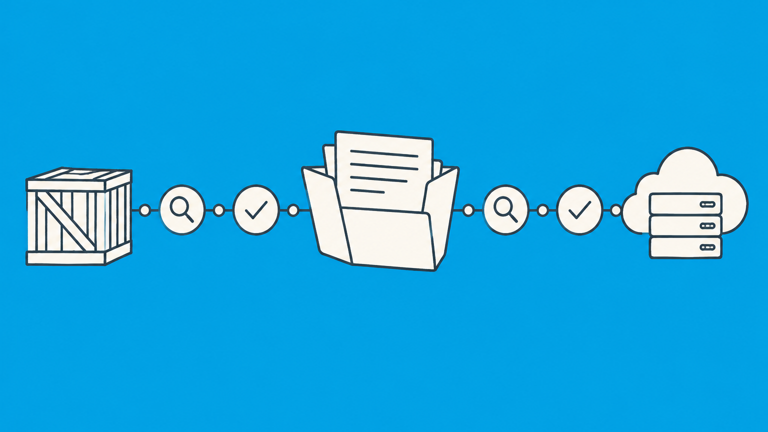 Flat illustration of an open contract folder linking a supply crate and cloud server through checkpoints for supplier and third-party provider agreements.