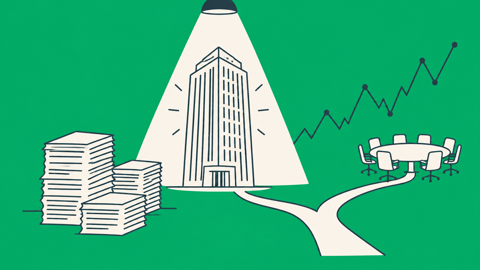 Flat illustration of a corporate tower under scrutiny with paperwork and a volatile market line representing the disadvantages of a public company.