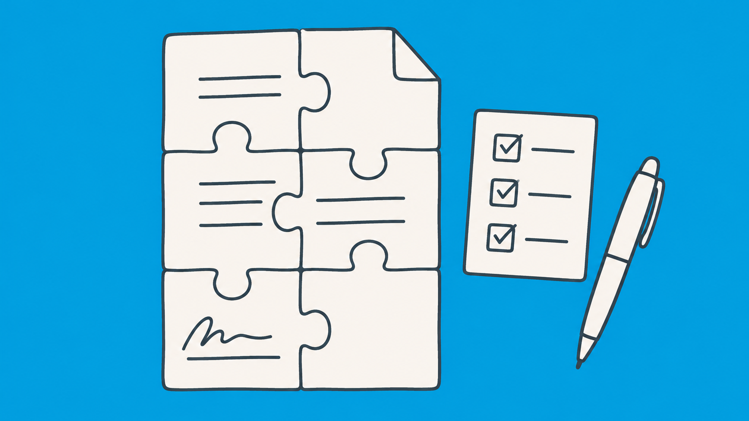 Flat illustration of six interlocking puzzle pieces forming a document and checklist to represent contract requirements.