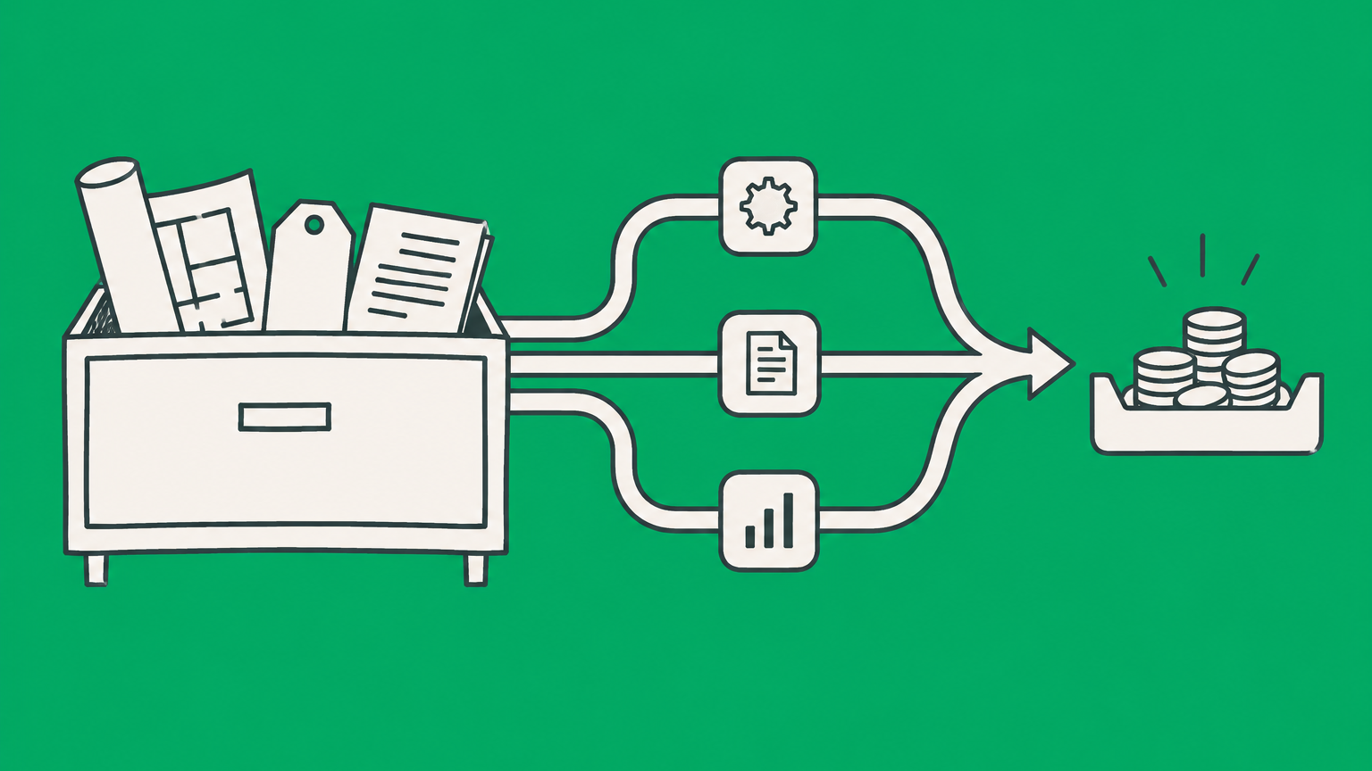 Flat illustration of intellectual property assets flowing through several revenue channels into a coin tray to represent IP monetization.