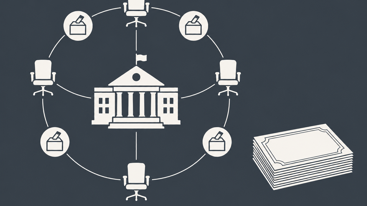Flat illustration of a community building governed by voting tokens and board chairs instead of stock certificates, representing nonprofit shareholders and members.