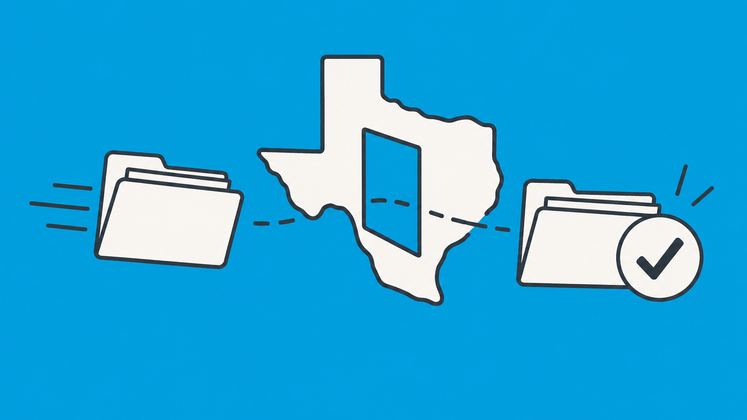 Flat illustration of a document folder passing through a Texas-shaped digital portal to represent filing an LLC in Texas.