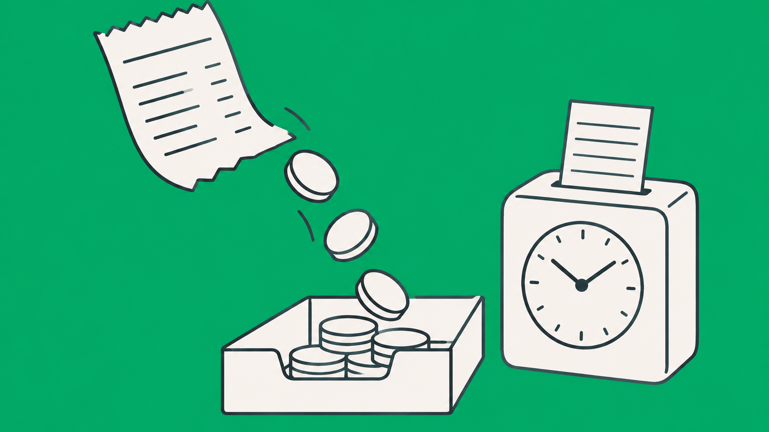Flat illustration of a sales receipt feeding coins into a payroll tray beside a time clock to represent labor laws for commission-only employees.